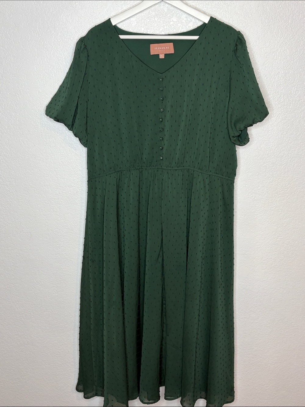 Jessakae Forest Green Swiss Dot Puff Sleeve MIDI Dress Size 1X Cottagecore